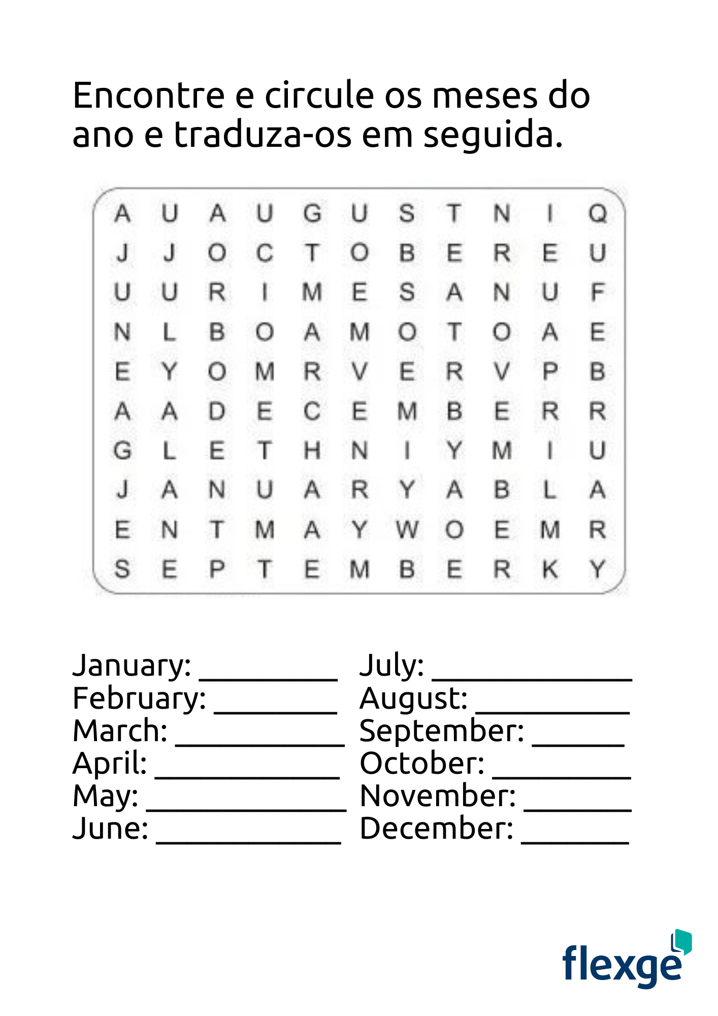 Caça palavras com os meses do ano em inglês